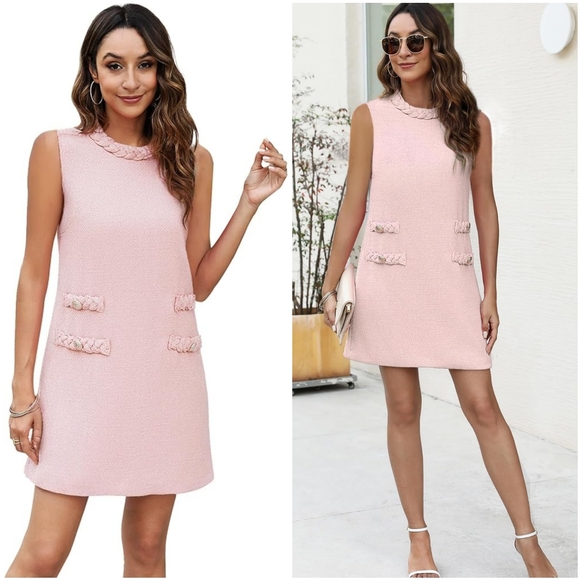 NWT Kedera Light Pink Jackie O Tweed Crew Sleeveless Shift Sheath Mini Dress S - Picture 15 of 16